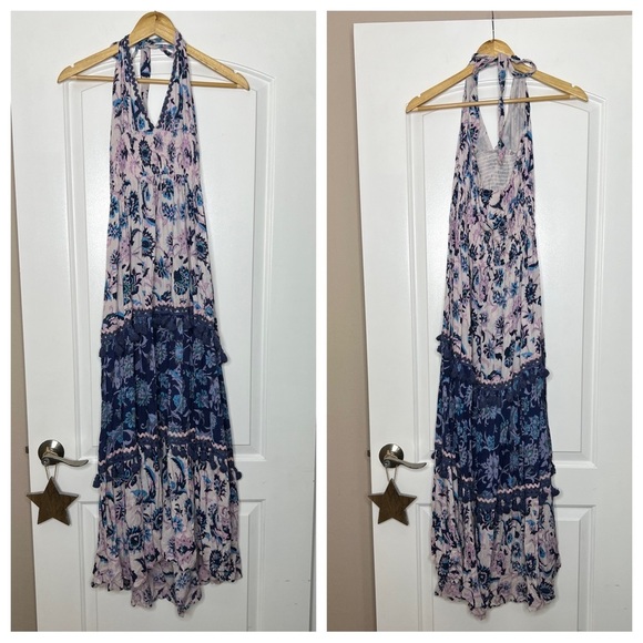Raga Waiola Halter Maxi Dress Size small Floral Tiered Tassel Smocked V-Neck - Picture 7 of 9